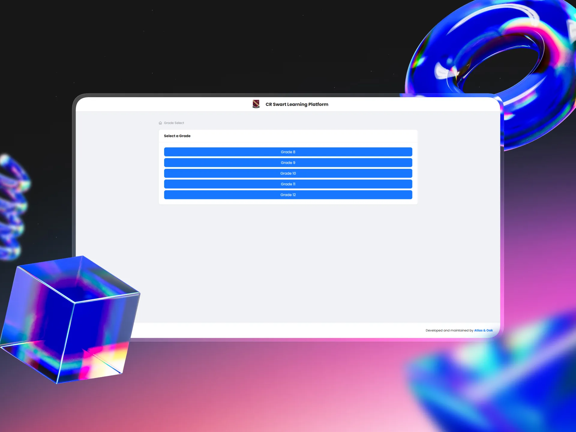 CR Swart Learning Platform homepage — grade selection interface