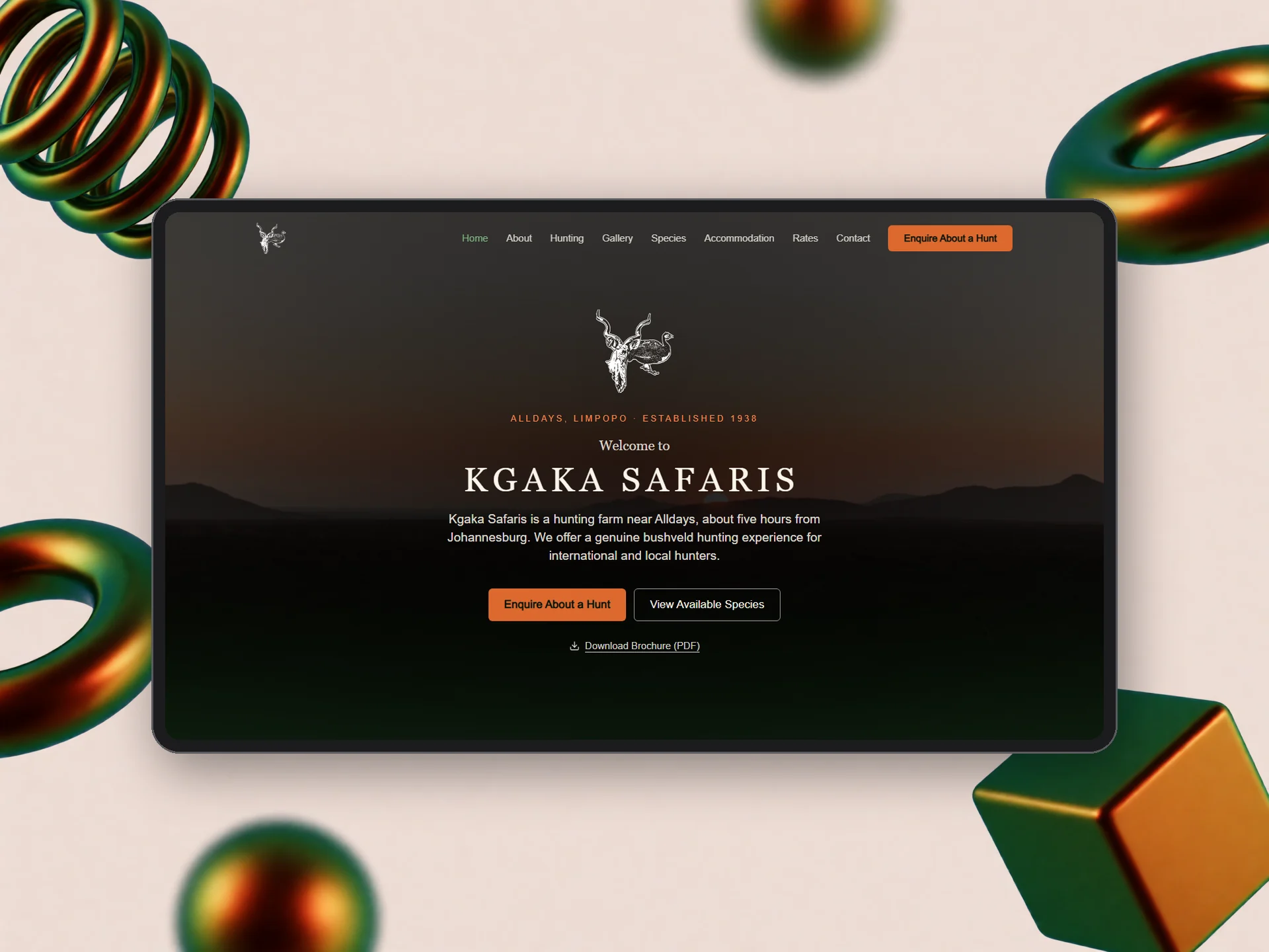 Kgaka Safaris homepage with the bushveld sunset hero and enquiry buttons