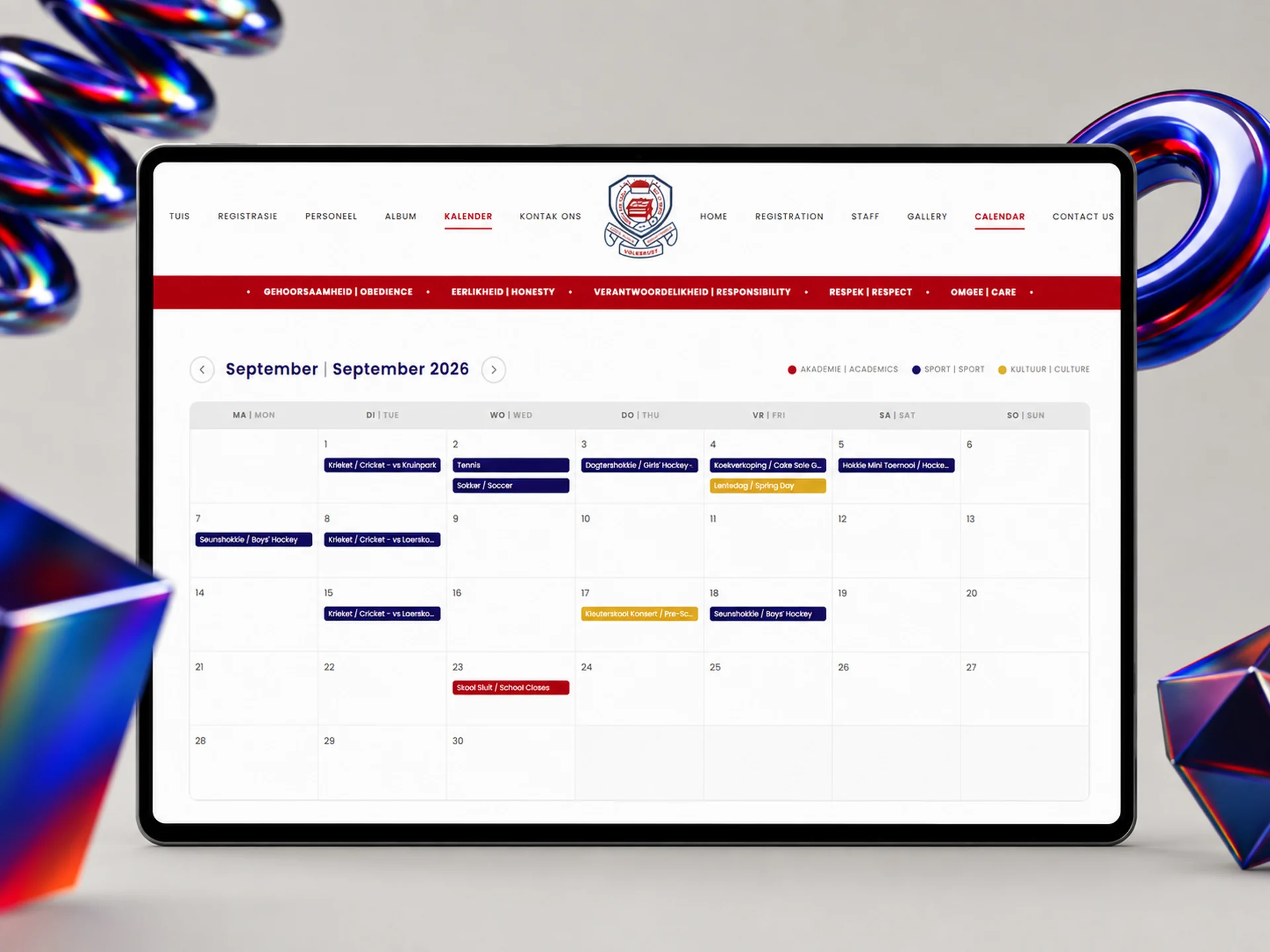Laerskool Pionier bilingual school calendar with colour-coded categories