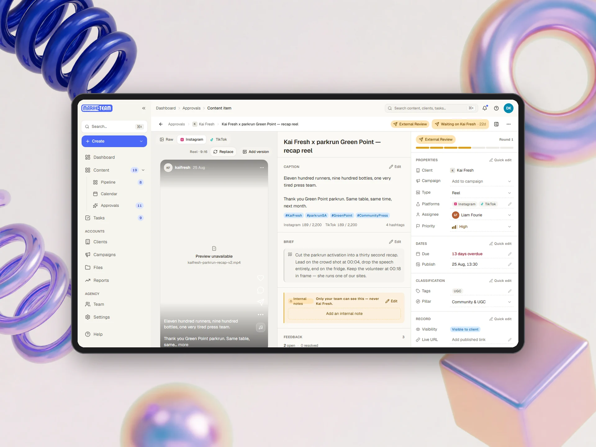 MarkeTeam content record with platform preview, brief and approval history