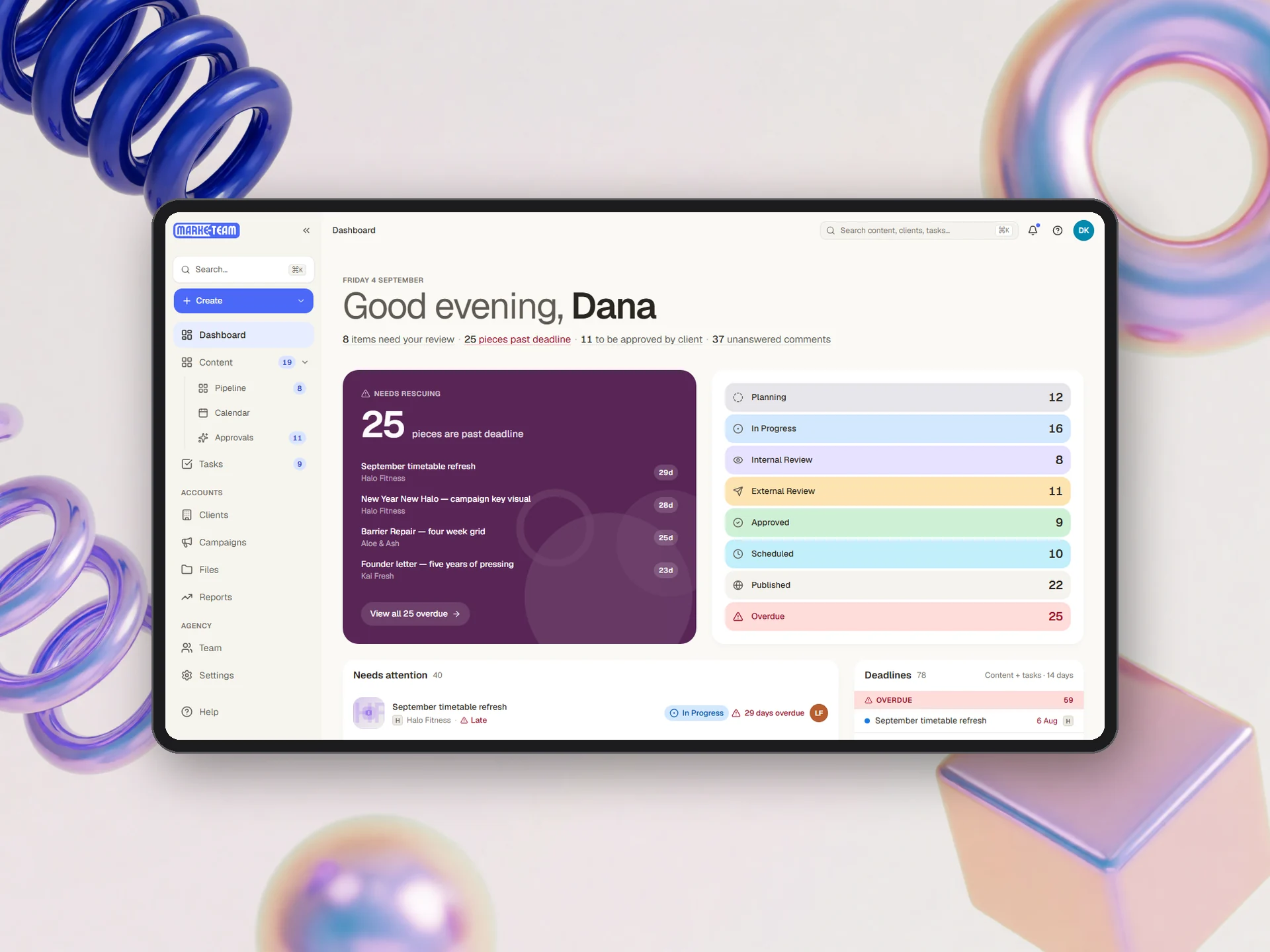 MarkeTeam HQ dashboard showing the content pipeline and needs-attention queue