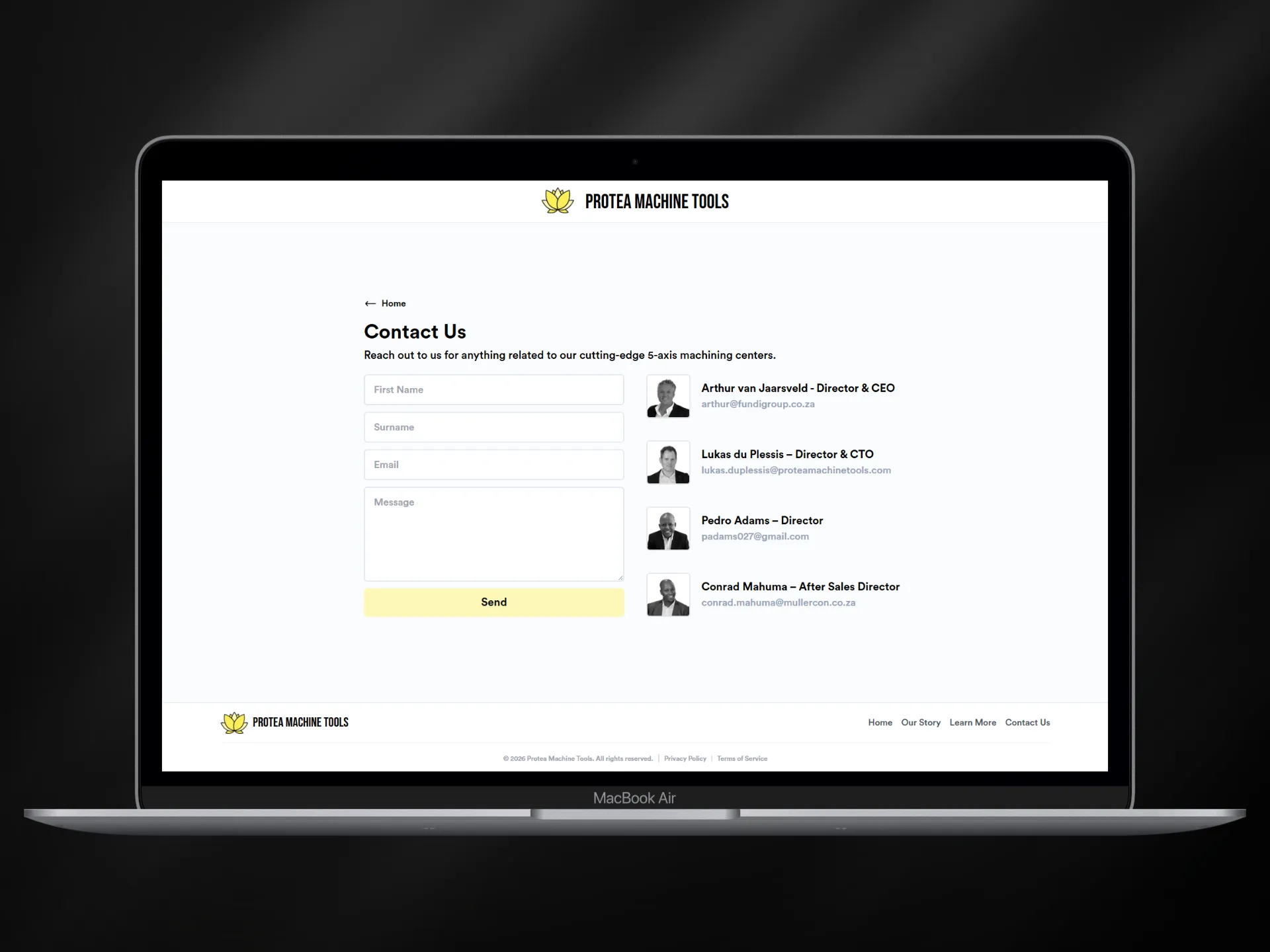 Protea Machine Tools — Learn More page with technical specifications