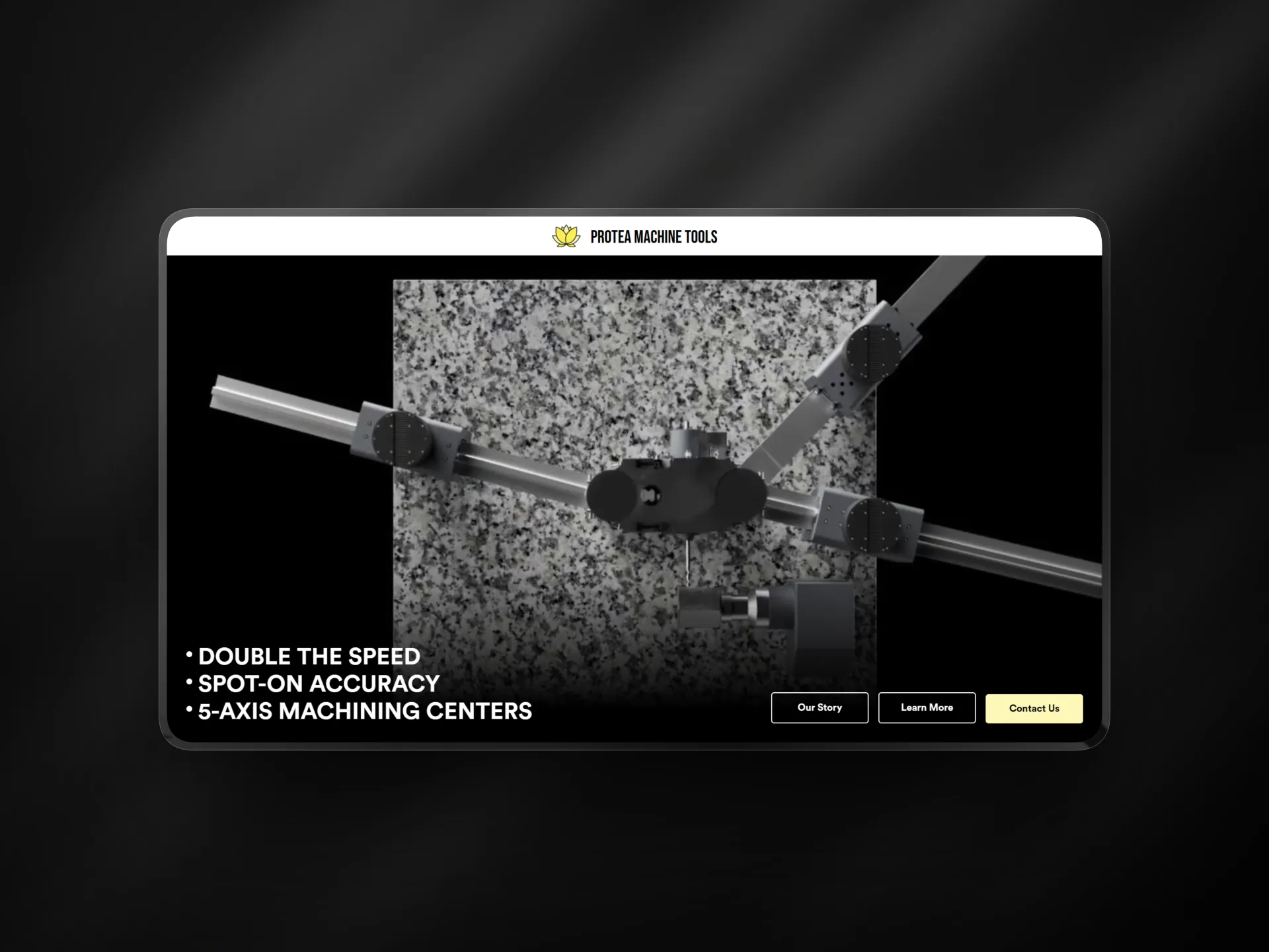 Protea Machine Tools homepage — 3D animated machining center hero