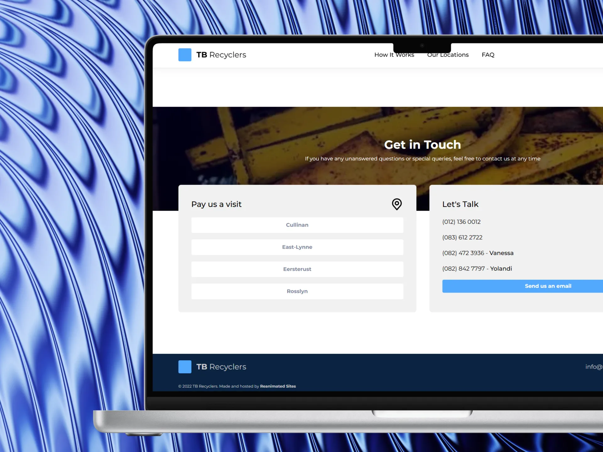 TB Recyclers — Get in Touch section with all branch locations and contact details