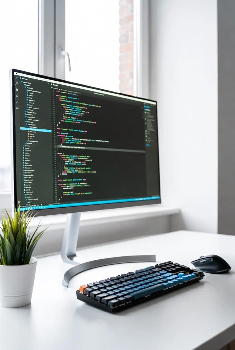 Developer workspace with code on monitor