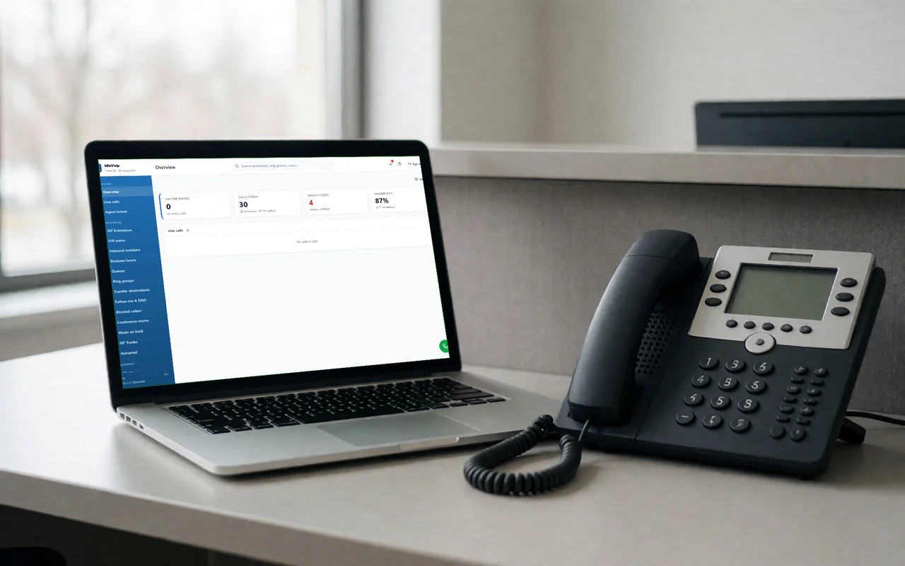 IdleVoip dashboard on a laptop with a desk phone